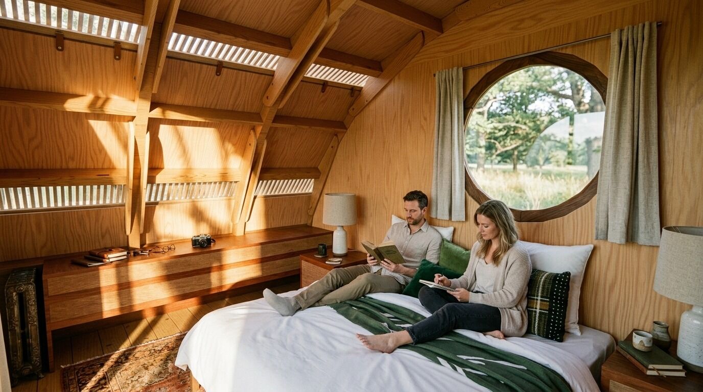 Dormitorio con ventana redonda, pareja leyendo