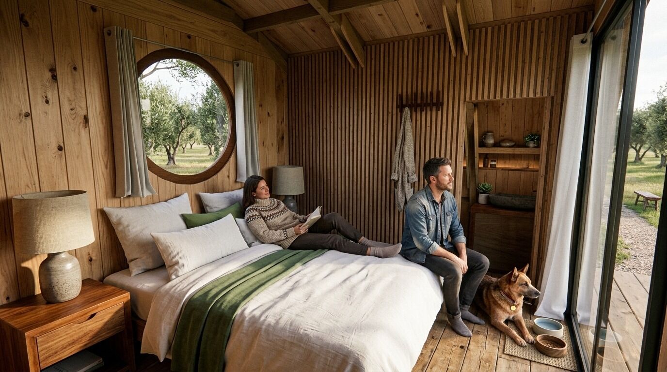 Dormitorio cálido con perro