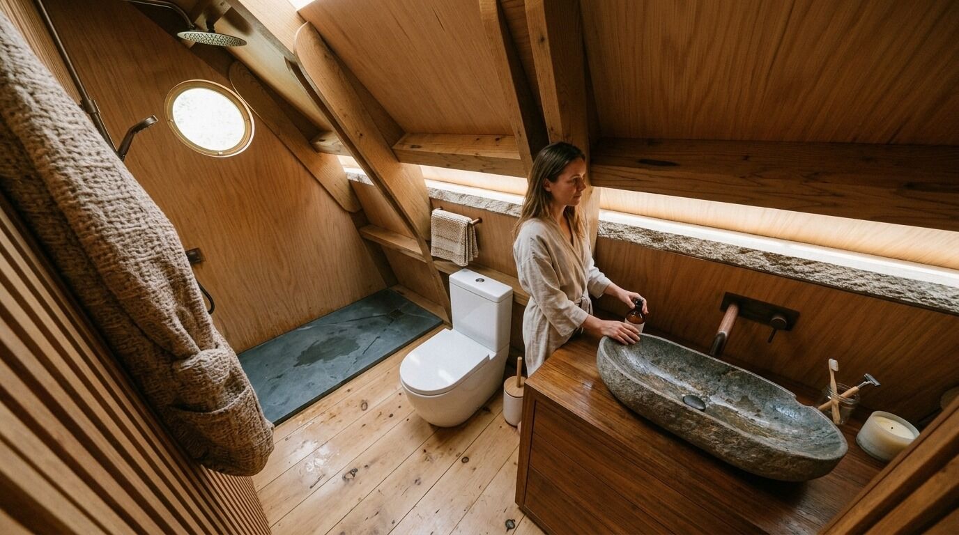 Baño de madera con lavabo de piedra