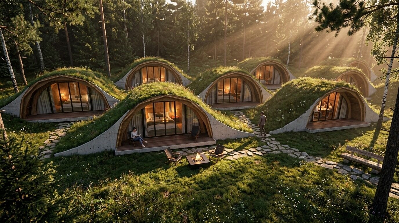 Conjunto de cabañas de techo verde en el claro del bosque